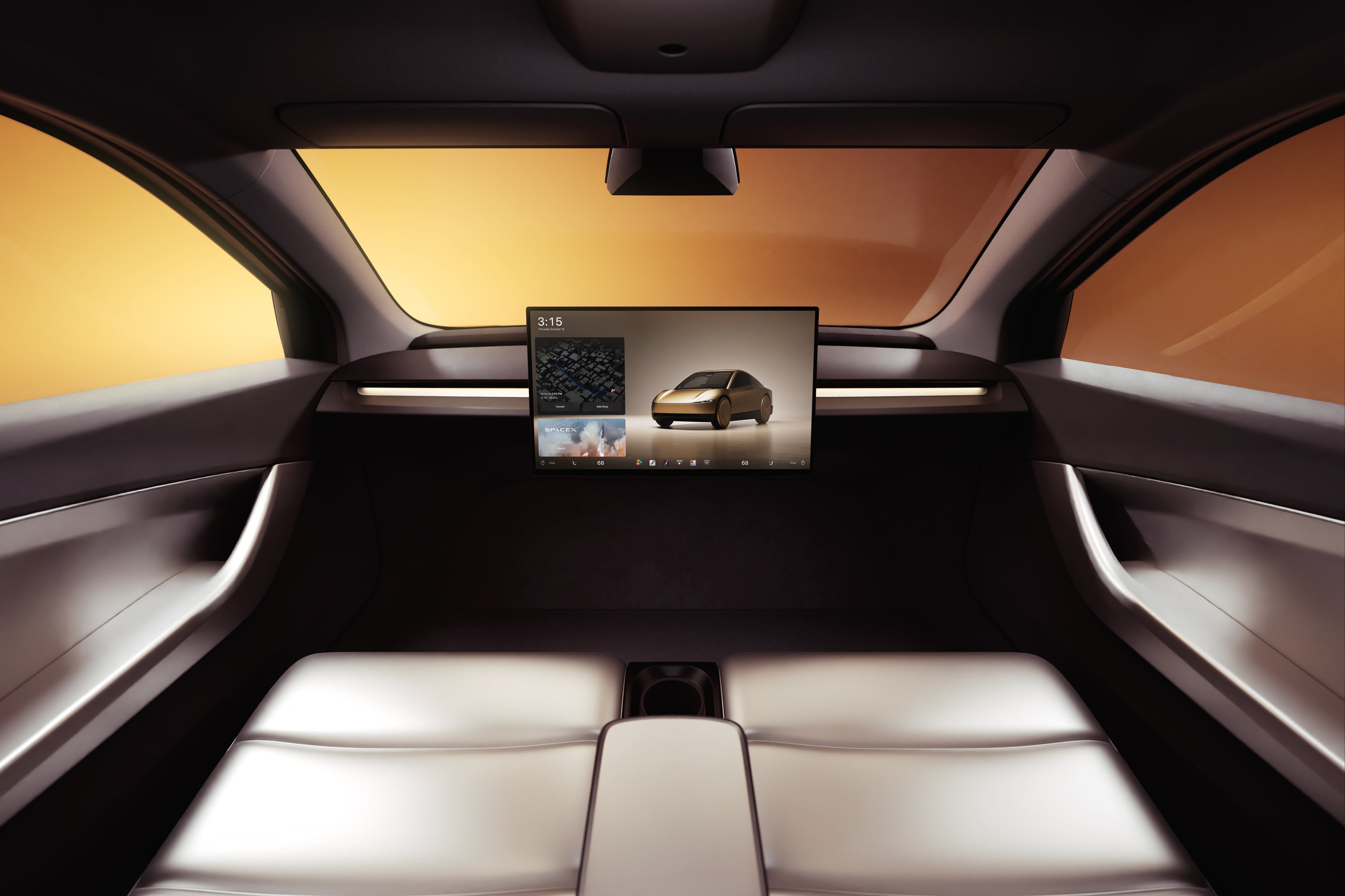 サイバーキャブのインテリア。テスラ史上最大となるセンタースクリーンを備える車内の公式画像